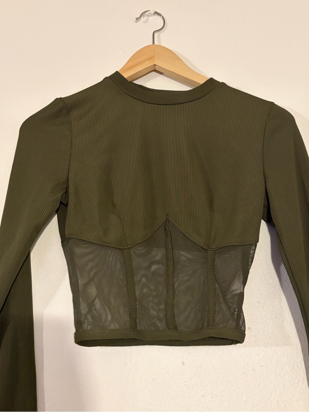 Olive Green Long Sleeve Ribbed Crop Top with Mesh Panel